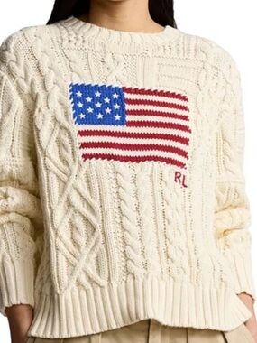 Ralph Lauren Ivory Cable Aran  Knit Sweater with American Flag
